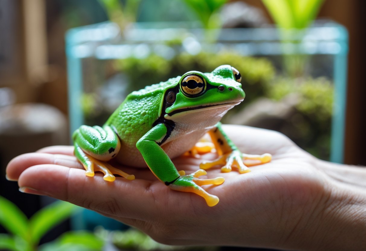 A green tree frog sitting calmly on a person's hand inside a home with a terrarium in the background.