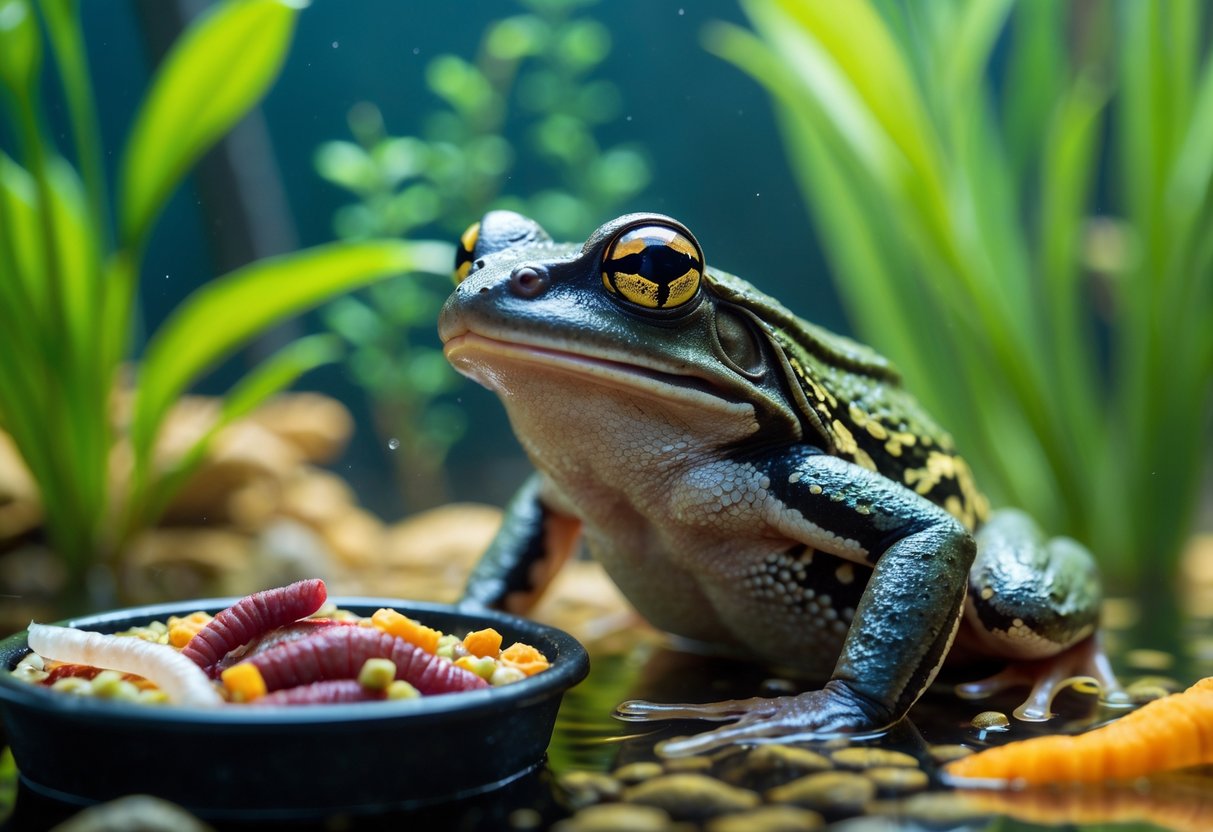 A pet water frog in an aquarium near a dish containing live bloodworms, insects, and aquatic pellets.