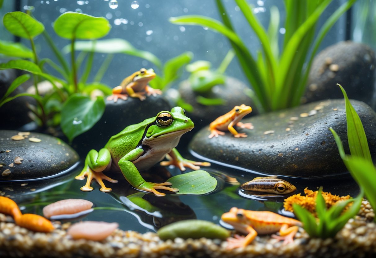 Pet water frogs in a terrarium with rocks, water, and various live insects and aquatic food around them.