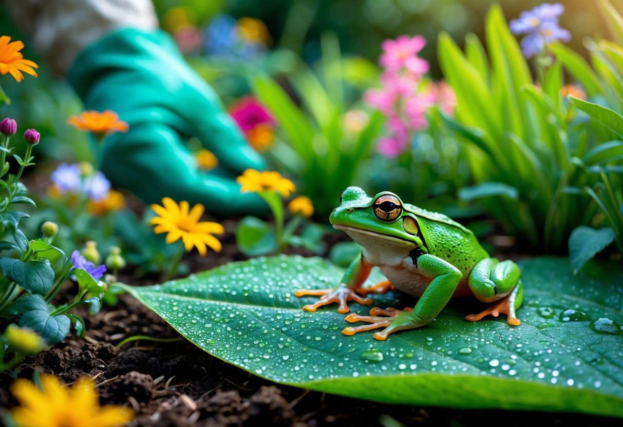 A green frog sitting on a leaf in a garden with a gloved hand reaching toward it.