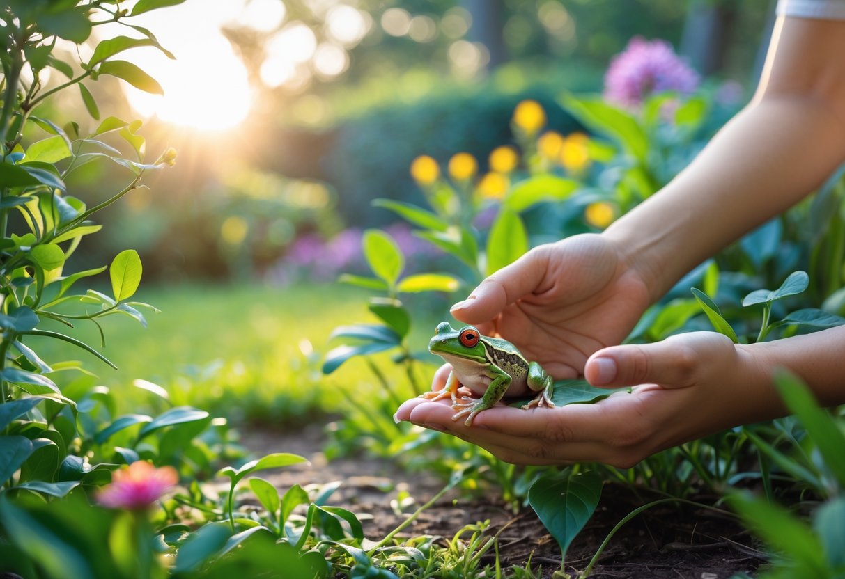 A small green frog sitting on a leaf in a garden with human hands reaching towards it.
