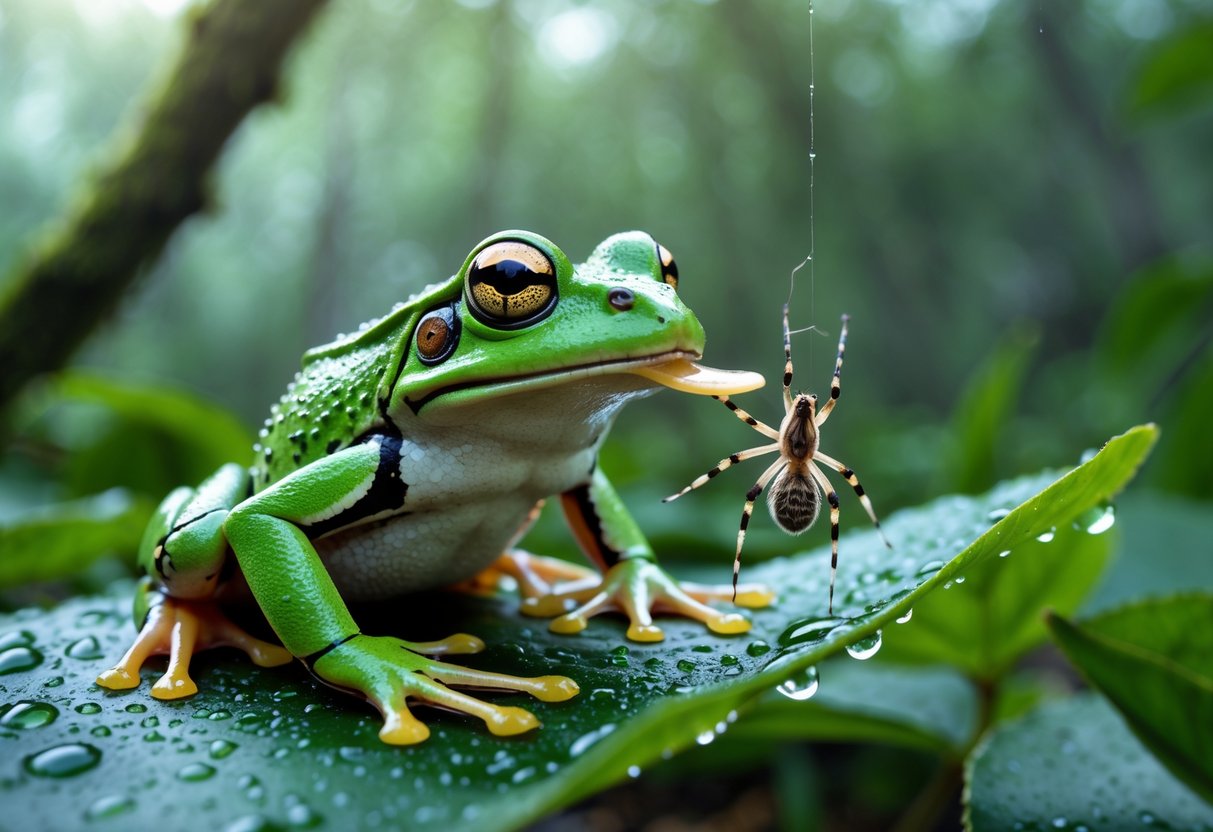 A green frog on a leaf reaching out with its tongue towards a small spider hanging from a silk thread.