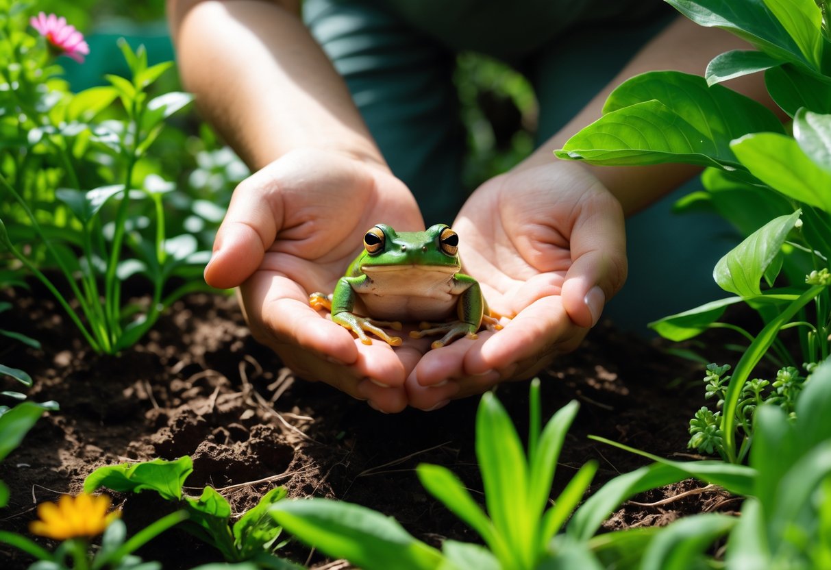 A person gently holding a small green frog in their hands in a garden with plants and soil.