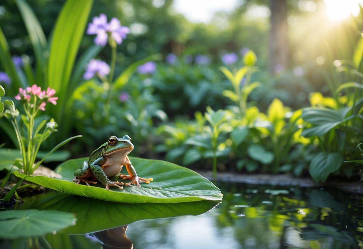 A small frog sitting on a green leaf in a garden near a pond surrounded by plants and flowers.