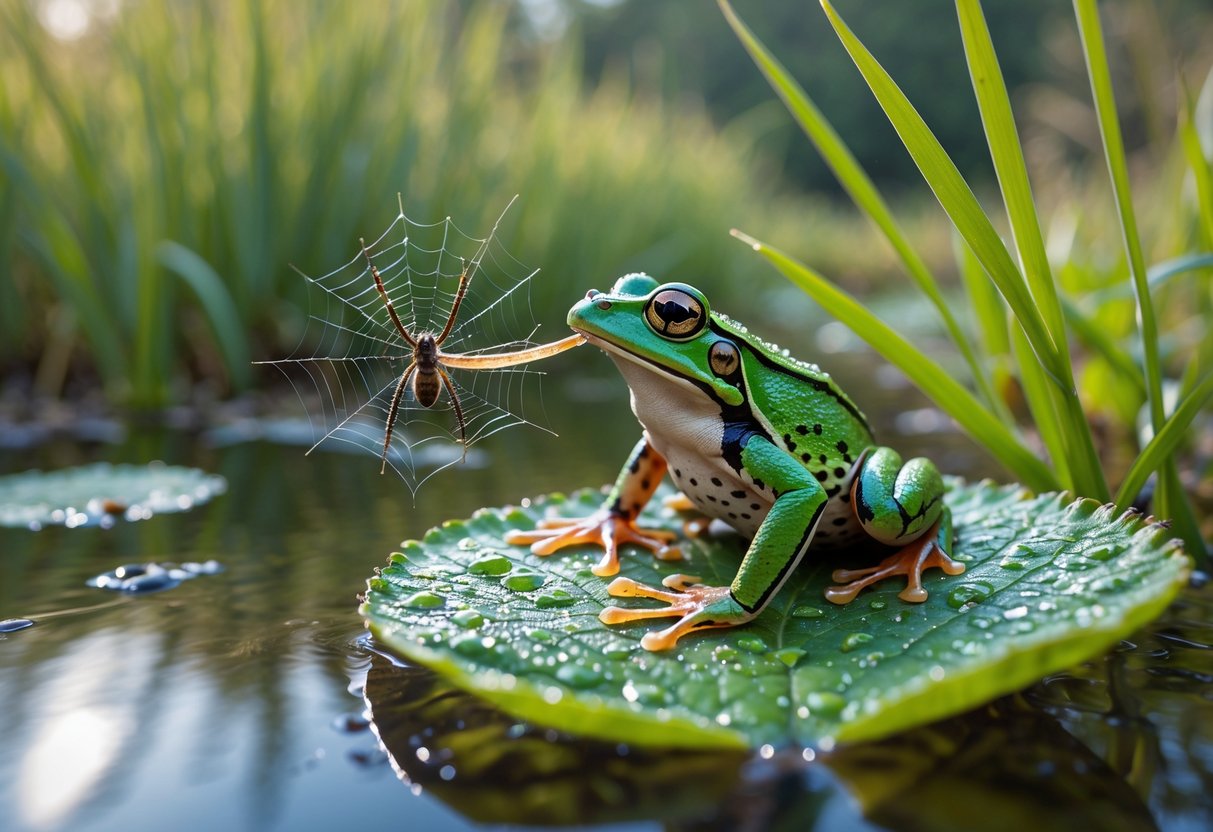 A green frog on a leaf reaching its tongue towards a nearby spider in a natural wetland setting with grasses and water.