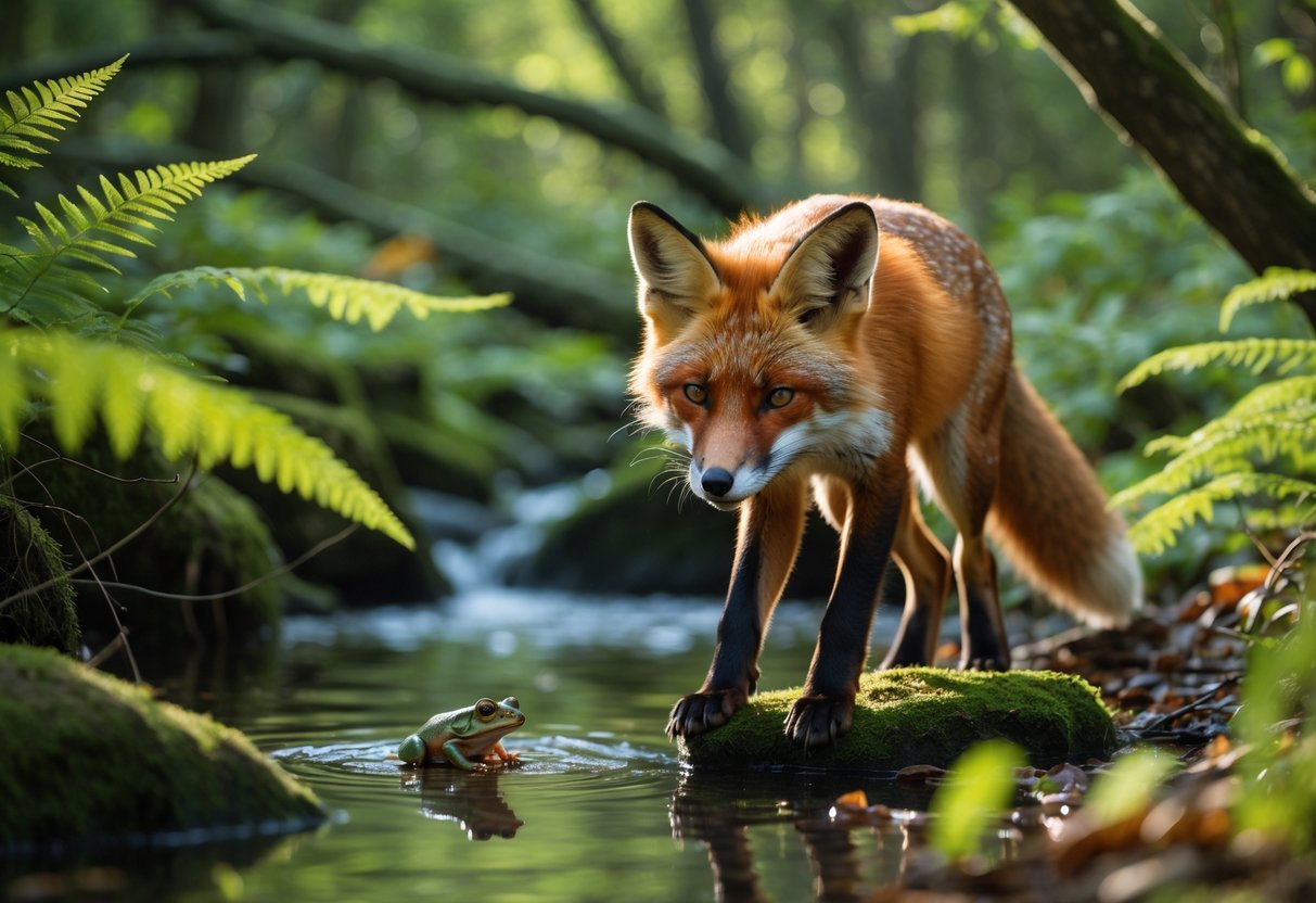 A red fox looking at a green frog on a mossy rock near a forest stream.