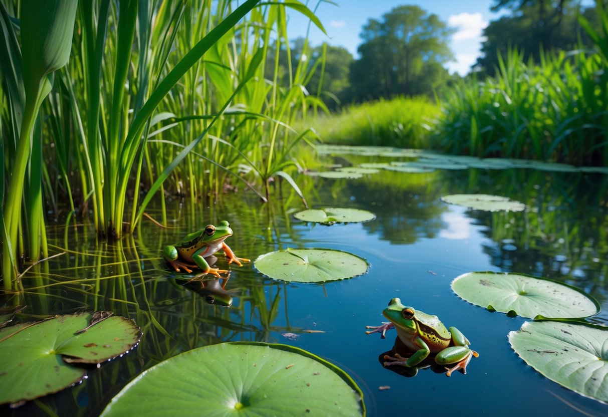 A pond surrounded by green plants with frogs on lily pads and in the water.