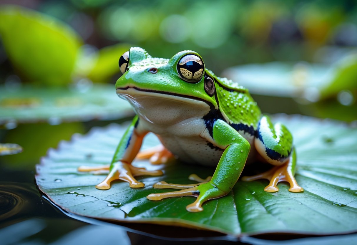 A green frog sitting on a wet leaf near a pond surrounded by greenery.