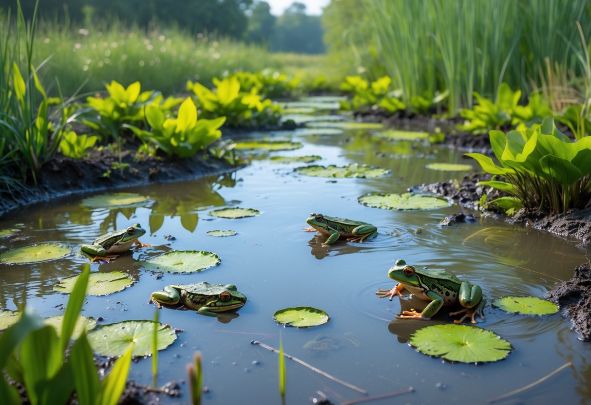 Several frogs moving between multiple small ponds surrounded by green plants and reeds in a natural wetland.