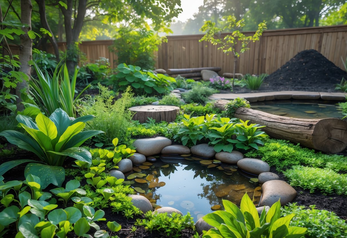 A lush garden with a small pond, leafy plants, rocks, and logs creating a natural habitat for frogs.