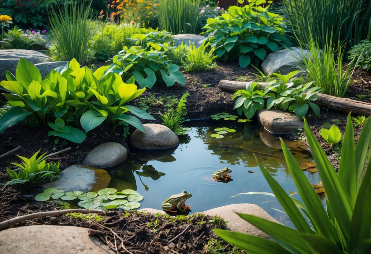 A garden with a small pond, aquatic plants, logs, and dense greenery where several frogs are resting and hiding.
