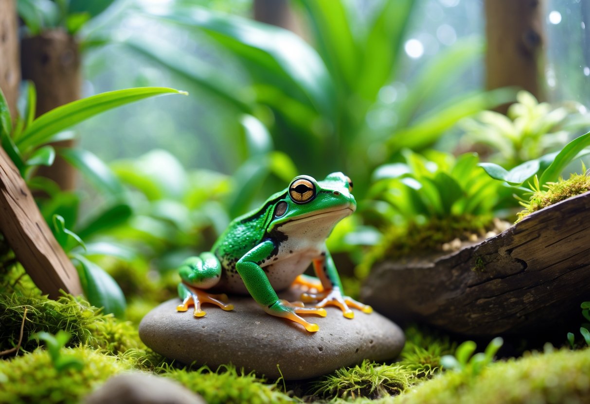 A green frog sitting on a rock inside a glass terrarium with plants and moss.