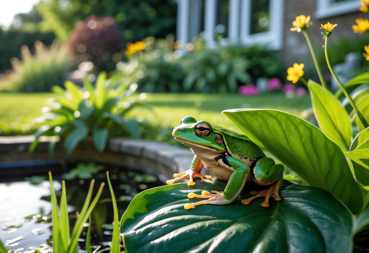 A green frog sitting on a leaf near a small pond in a garden beside a home.
