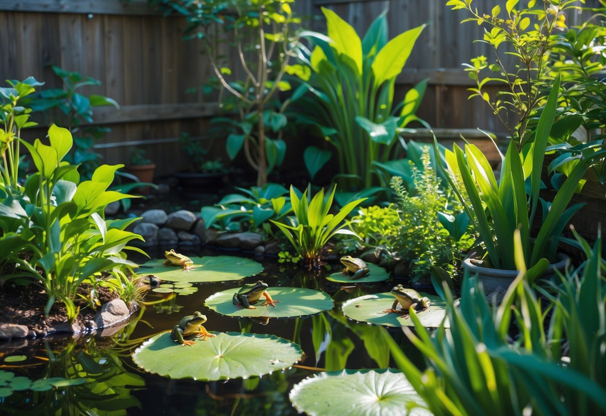 A backyard garden with green plants, a small pond, and several frogs resting on lily pads and near the water.