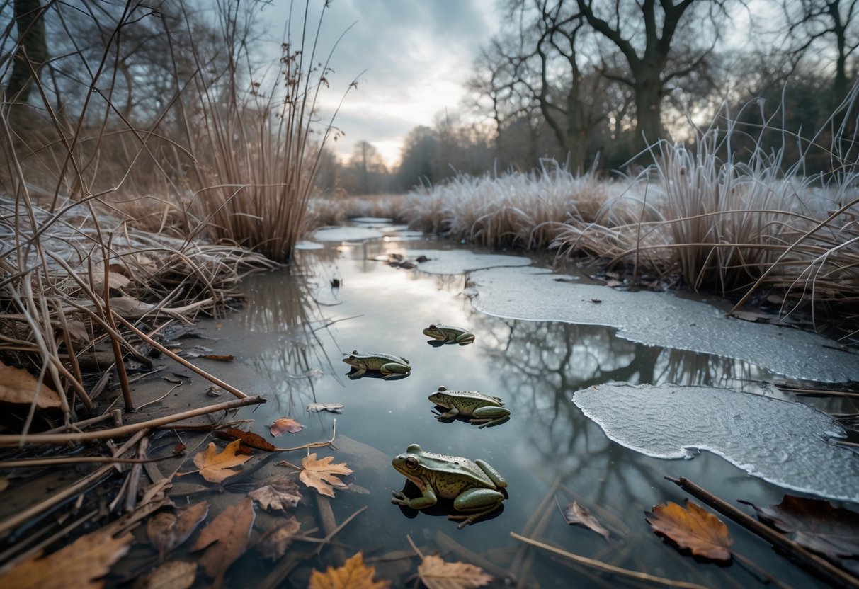Frogs resting underwater in a shallow pond surrounded by frost-covered reeds and fallen leaves in a UK winter landscape.