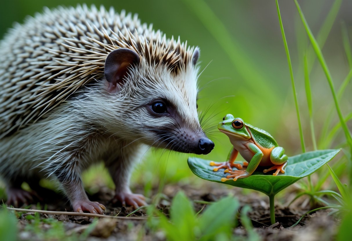 A hedgehog sniffing near a small frog on a leaf in a grassy outdoor setting.