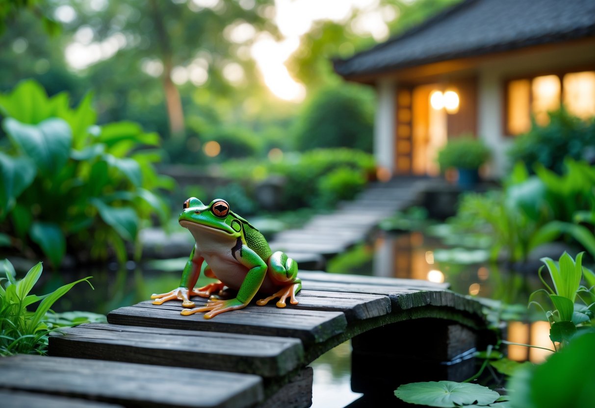 A green frog sitting on a wooden path leading to a cozy house surrounded by plants.