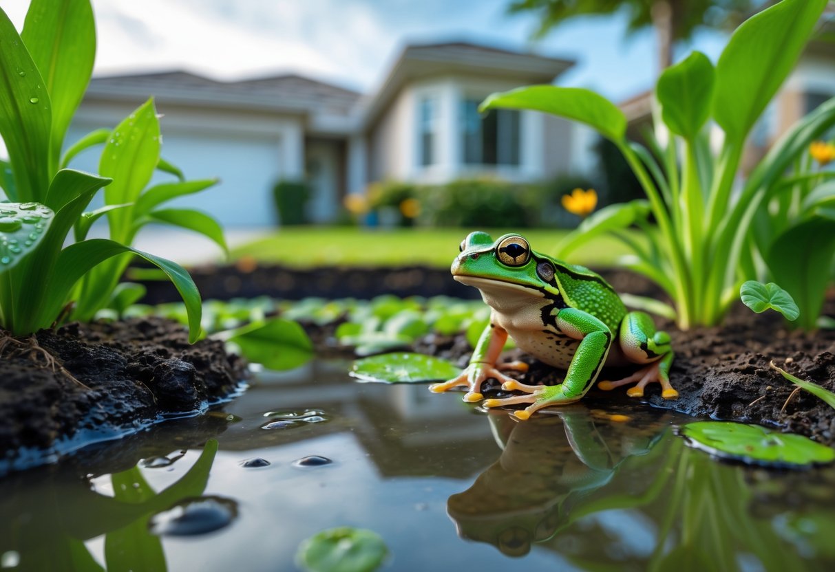 A green frog sitting on the edge of a garden pond near a house surrounded by plants and grass.