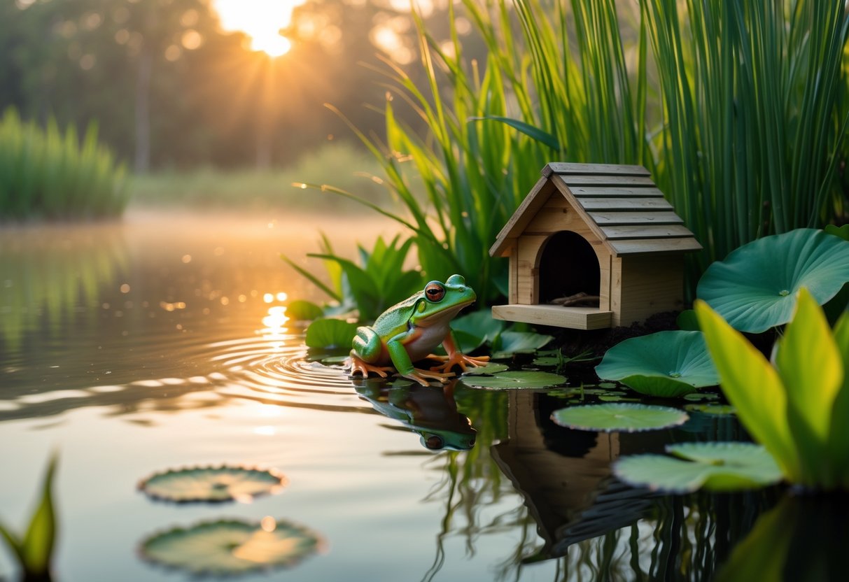 A green frog sitting on the edge of a pond looking toward a small wooden frog house surrounded by plants and water lilies at sunset.