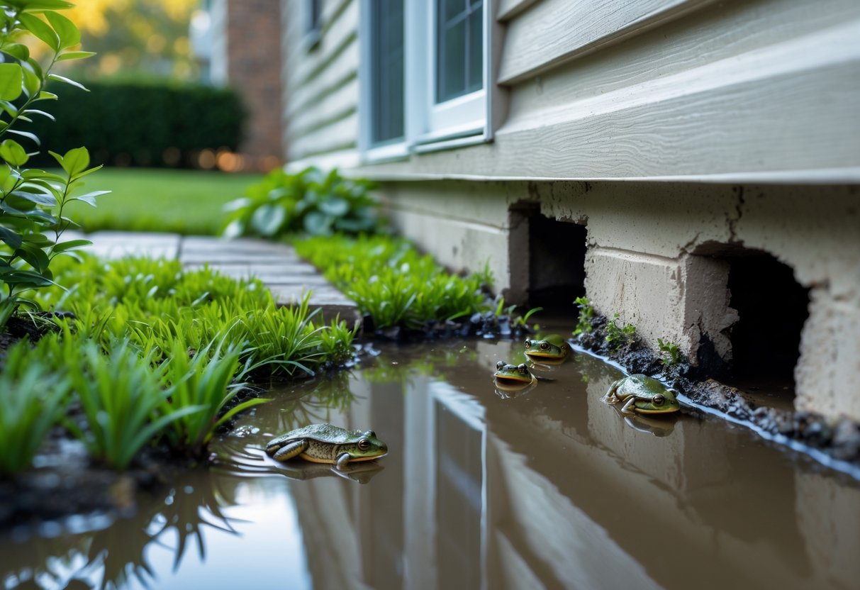A suburban house exterior showing garden plants and small frogs near vents, door gaps, and foundation cracks.