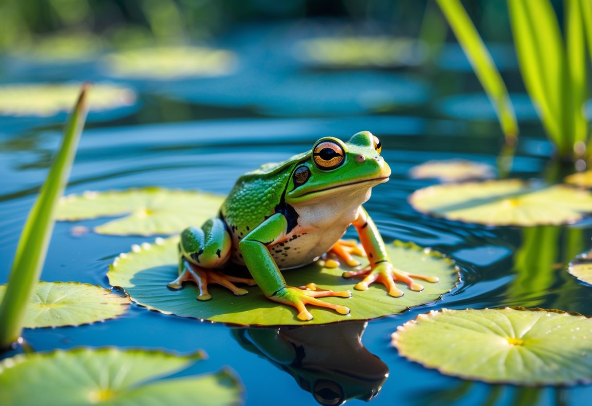 A green frog sitting on a lily pad in a sunlit pond surrounded by aquatic plants during the day.