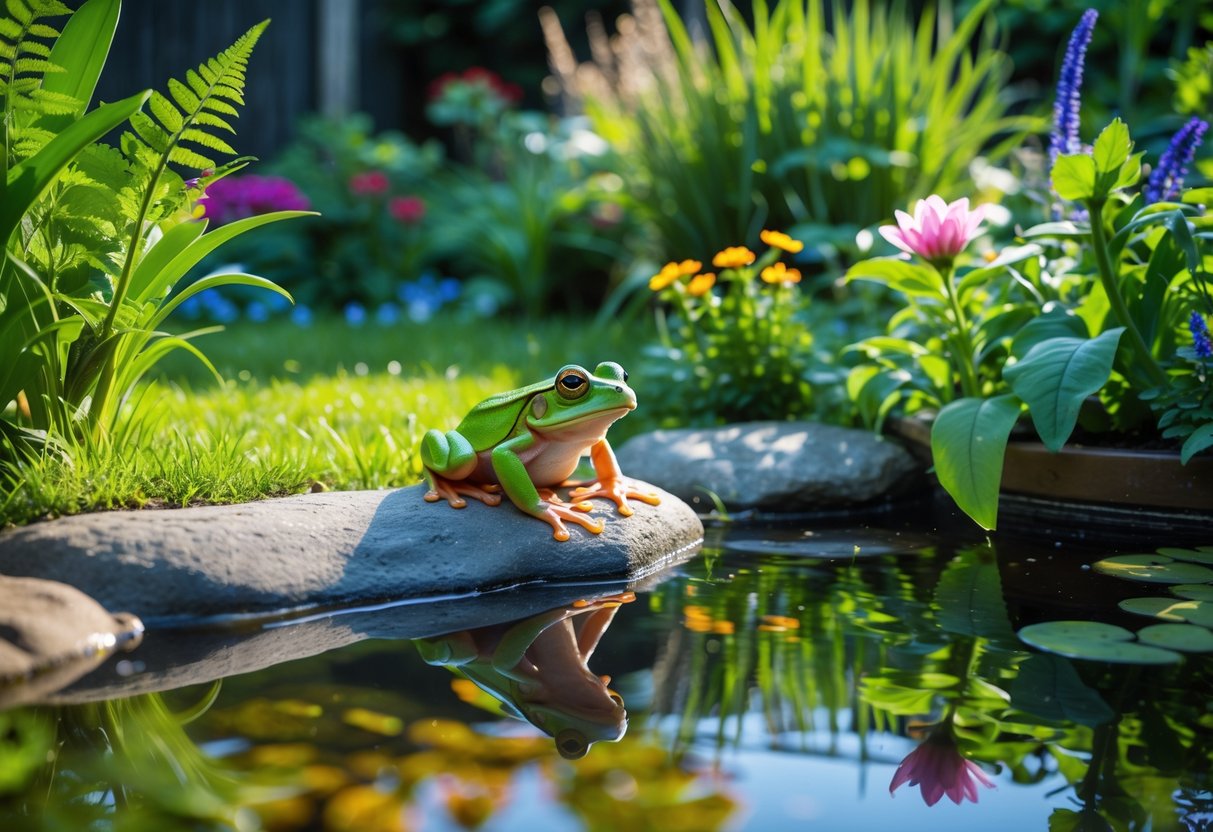A green frog sitting on a rock near a pond in a backyard garden with grass and flowers.