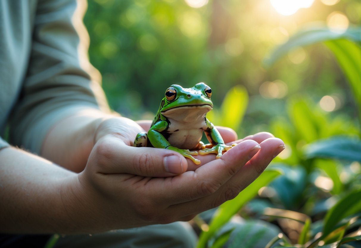 A person gently holding a small green frog in their hands outdoors with green foliage in the background.