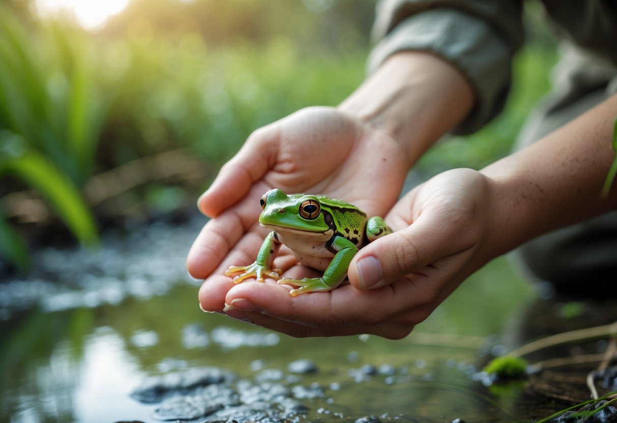 A person gently holding a small green frog outdoors near a pond.