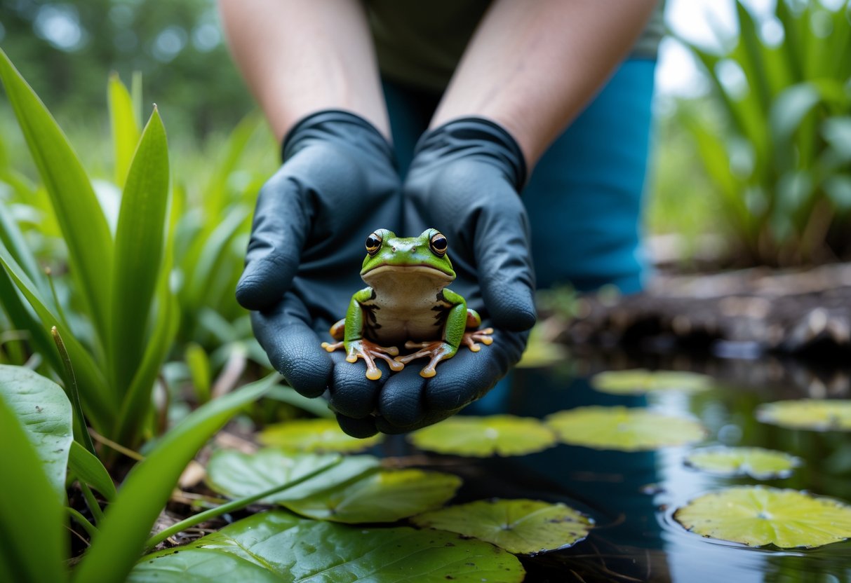 A person wearing gloves gently holding a small green frog outdoors near plants and water.