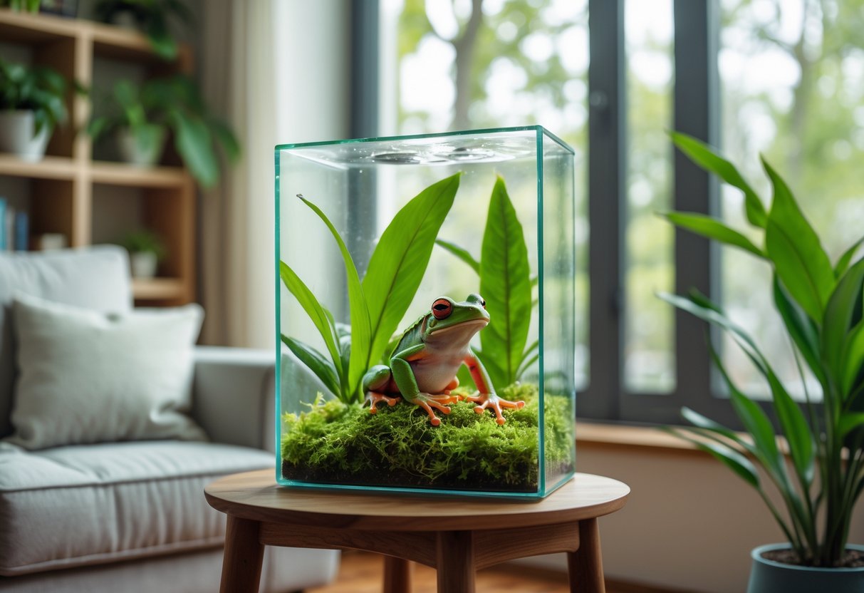 A green tree frog sitting inside a glass terrarium on a wooden table in a bright living room with plants and furniture.