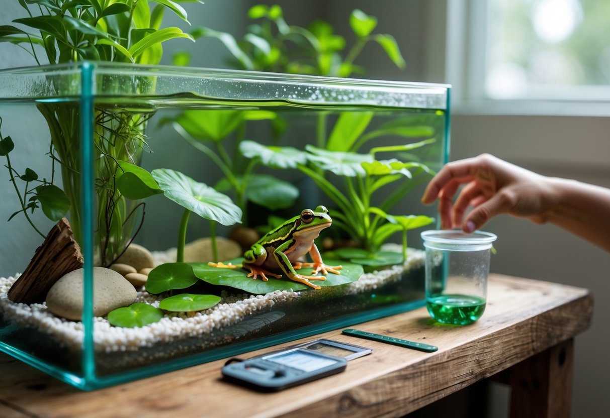 A healthy frog sitting on a leaf inside a well-maintained glass terrarium with plants, water, and rocks, while a person tends to the habitat in a bright room.