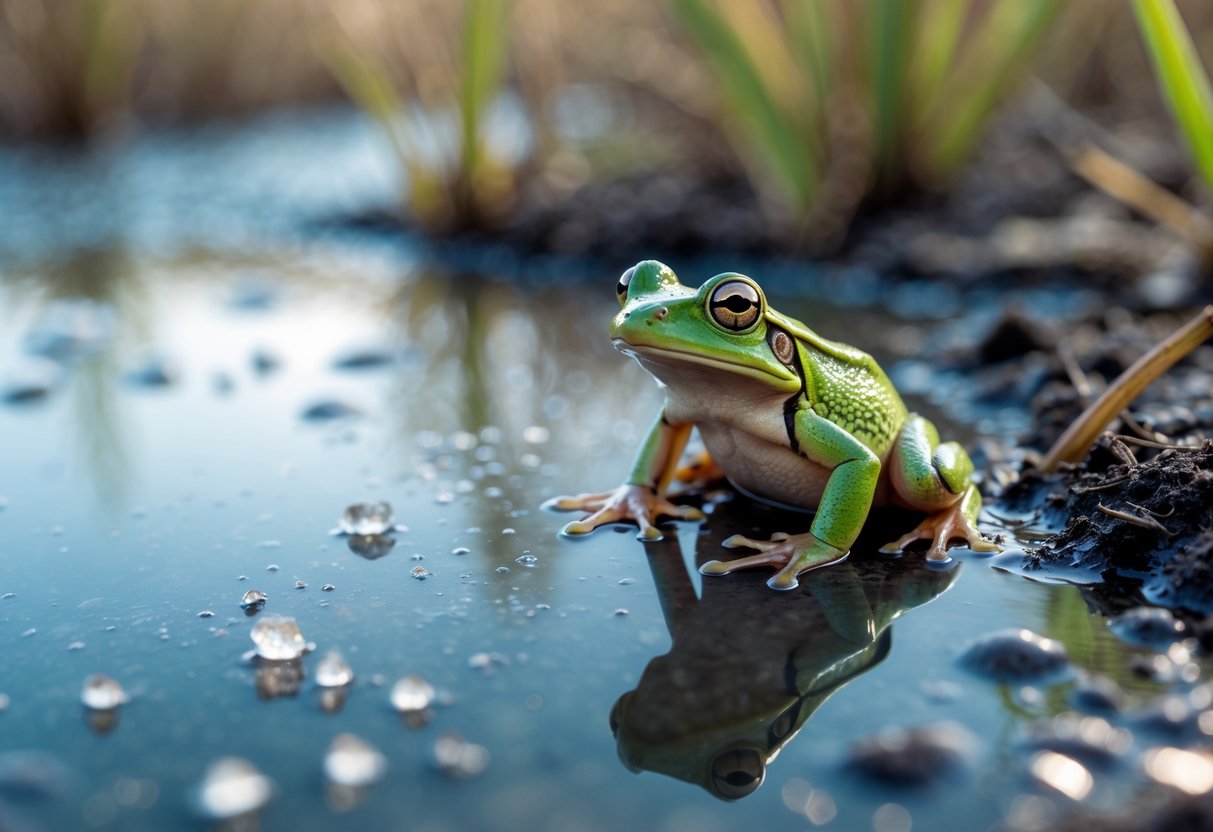 A small green frog sitting near clear water with salt crystals on the wet soil nearby in a natural wetland setting.