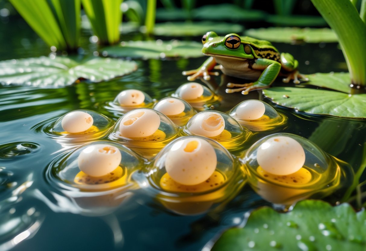 Close-up of frog eggs underwater in a pond with a green frog sitting on a lily pad nearby.