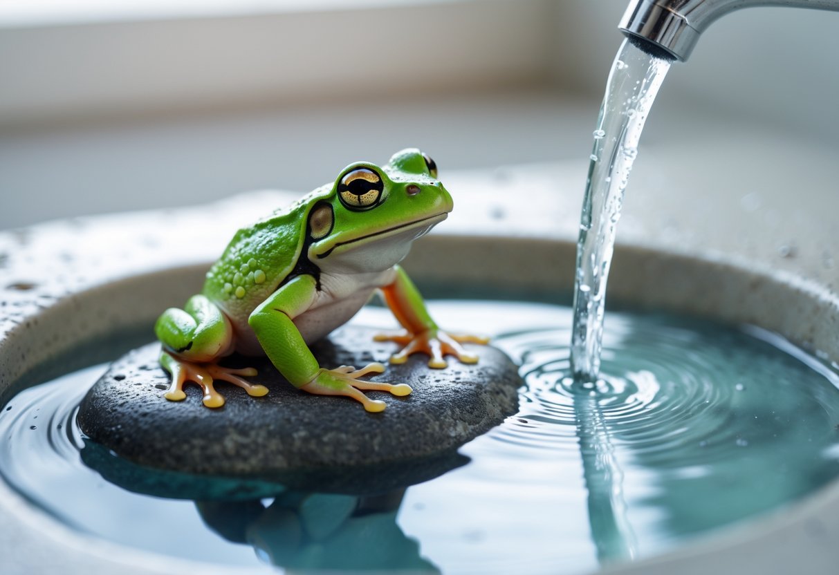 A small green frog sitting on a wet rock by clear water in an indoor setting.