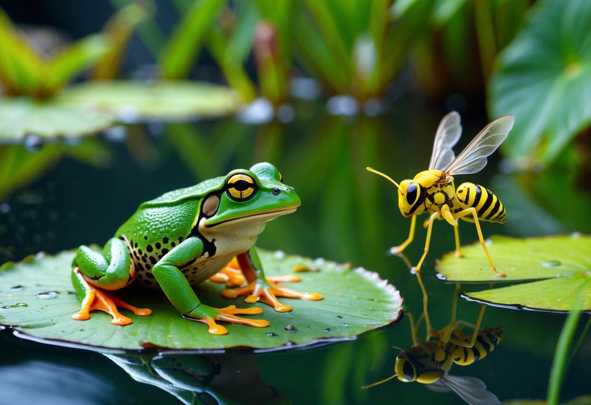 A green frog on a lily pad in a pond looking away from a yellow insect hovering nearby.
