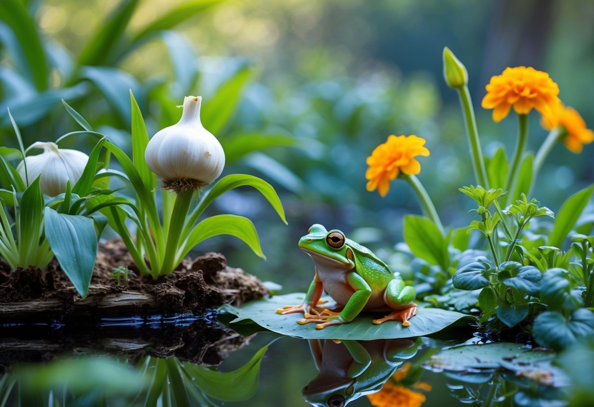 A green frog sitting on a leaf near a pond, turning away from nearby garlic, onions, and marigold plants.