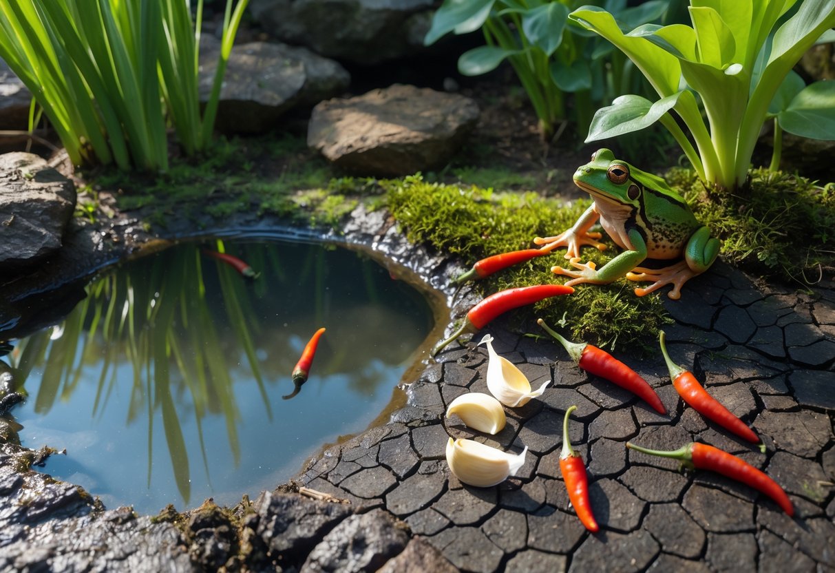 A frog near a pond surrounded by green plants, avoiding dry soil, chili peppers, and garlic cloves placed nearby.