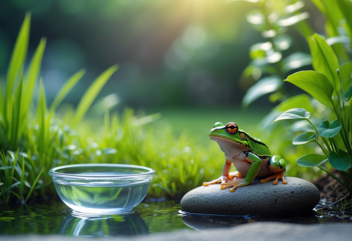 A small green frog sitting on a rock next to a bowl of water in a garden with green grass and plants.