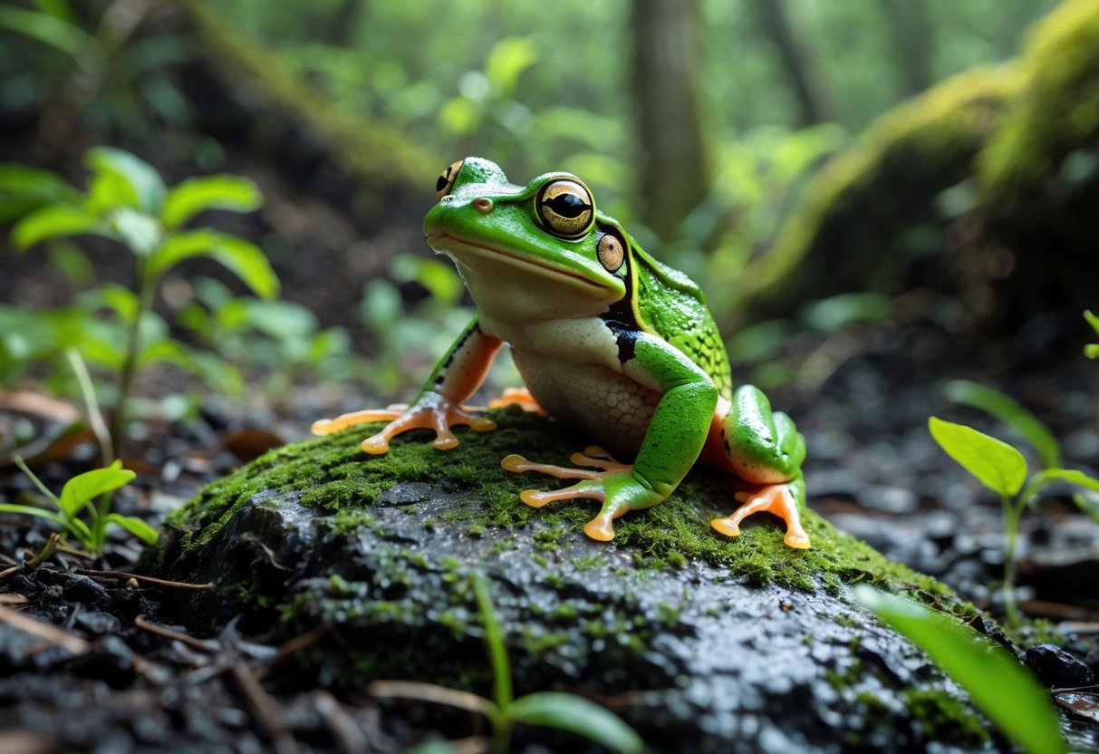 A green frog sitting on a mossy rock in a forest with plants and soil, without any visible water.