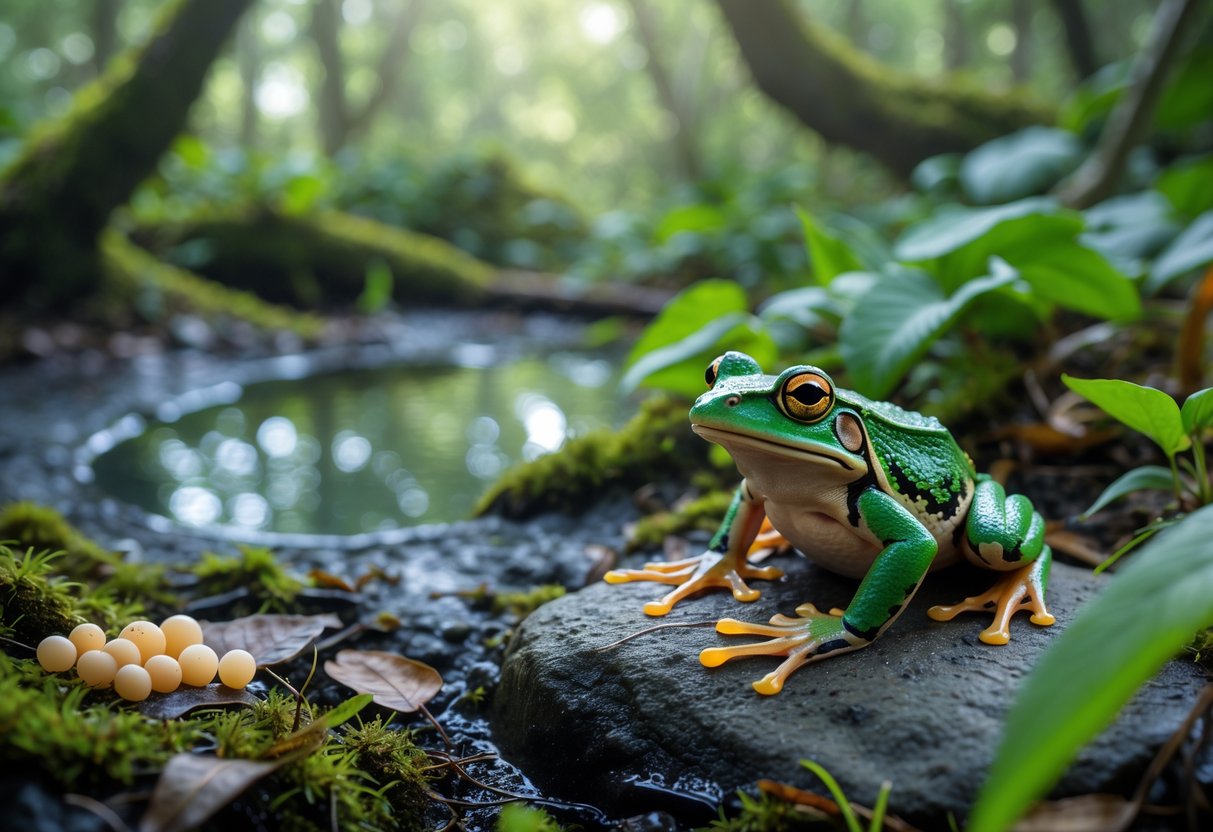 A frog sitting on a rock in a forest without a pond, with frog eggs on leaves and small froglets nearby on the forest floor.