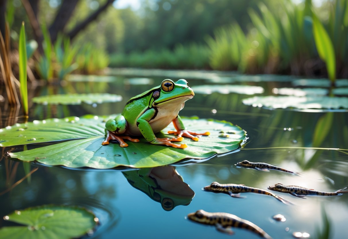 A green frog sitting on a lily pad in a pond with tadpoles swimming underwater and aquatic plants around.