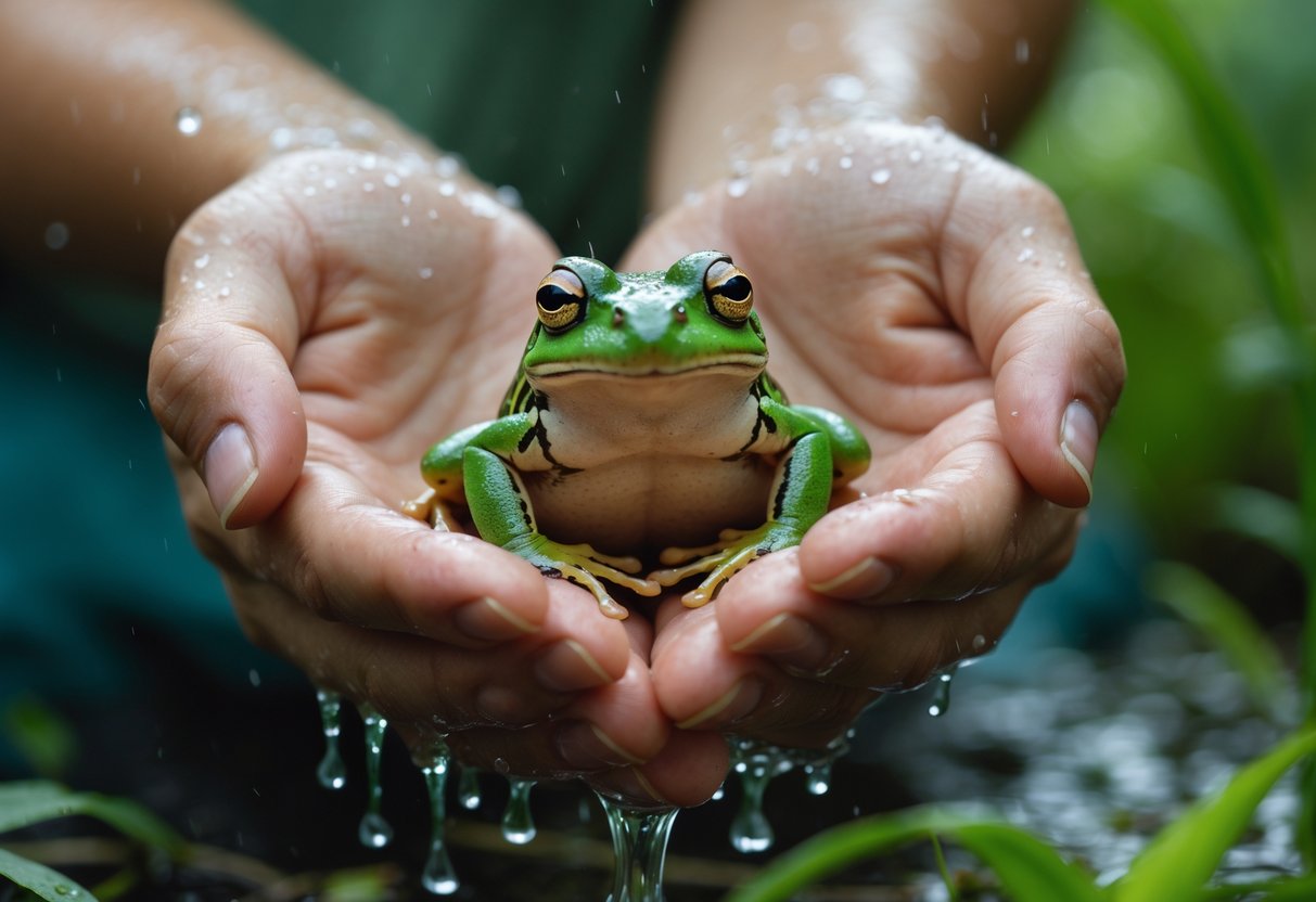 Close-up of wet hands gently holding a small green frog outdoors.