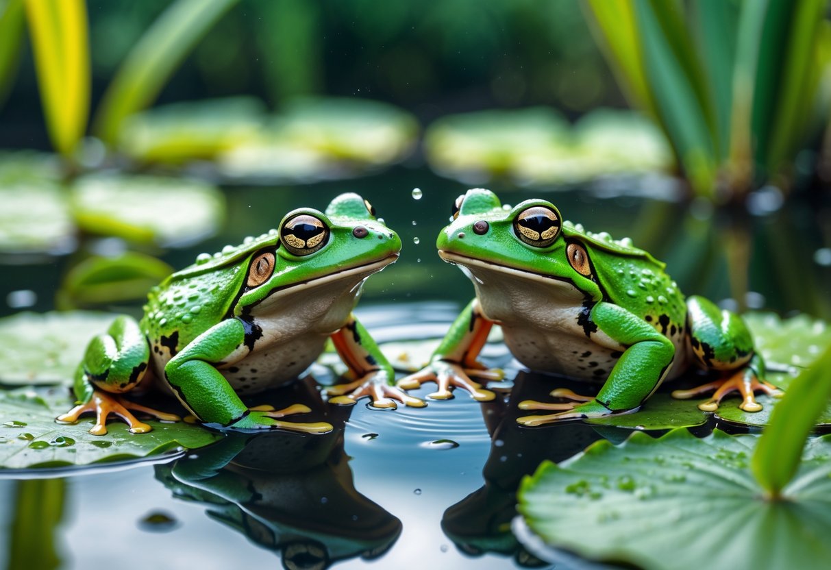 Two green frogs on lily pads in a pond, one with an inflated throat pouch as if calling during mating.