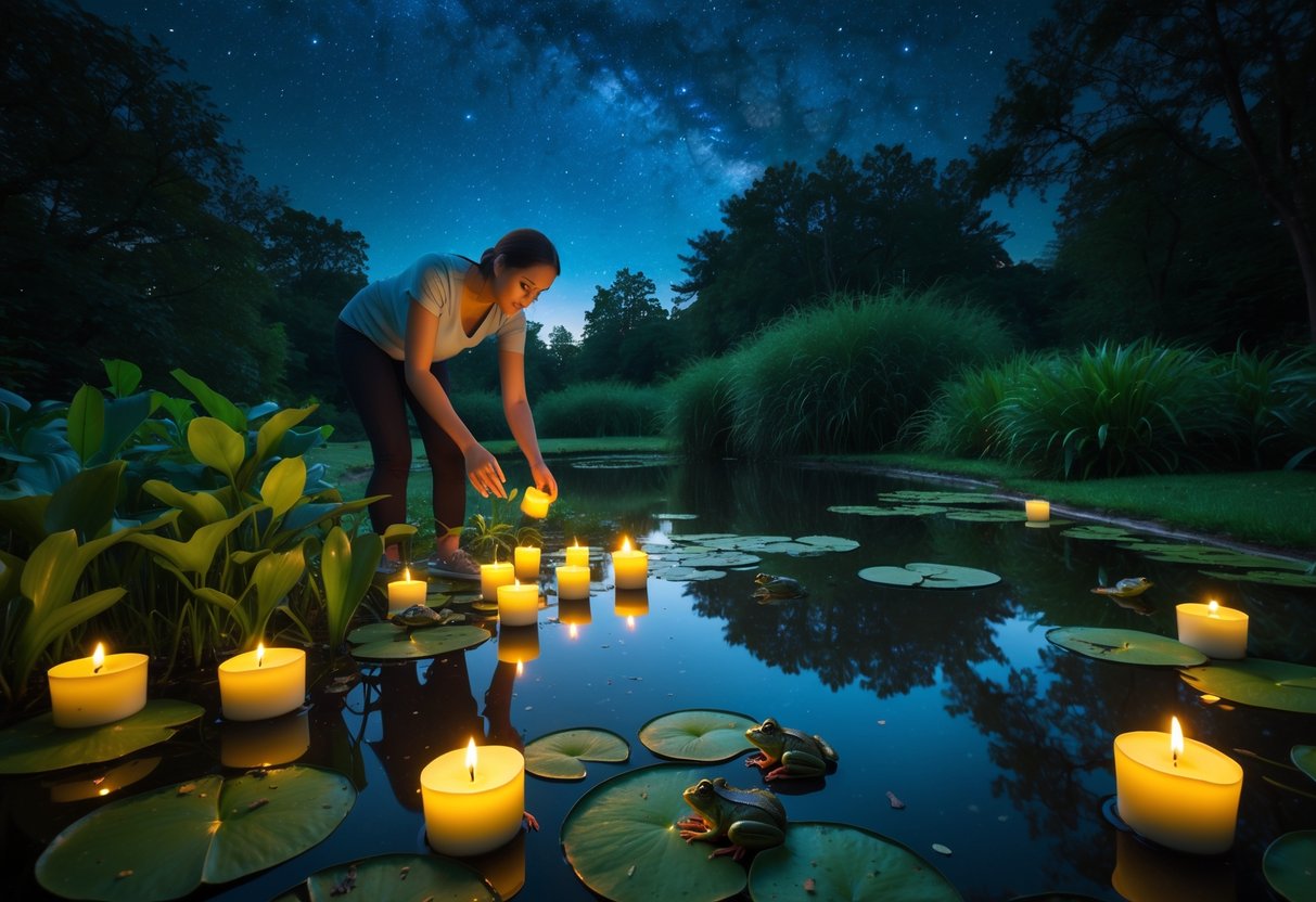Person placing citronella candles and water fountains near a pond at night to reduce frog noise, with frogs resting on lily pads under a starry sky.