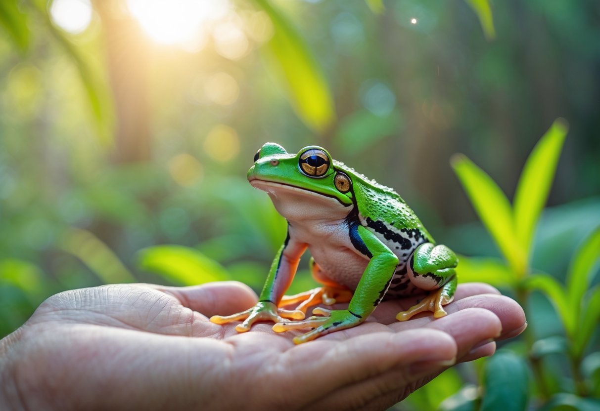 A green frog sitting on a person's outstretched hand outdoors with greenery in the background.