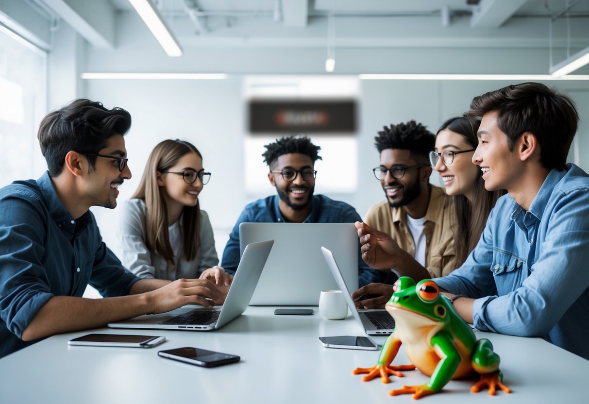 A group of people sitting around a table with laptops and smartphones, engaged in an online chat, with a small green frog figurine placed near the devices.