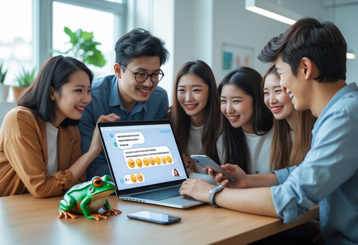 A group of young adults gathered around a laptop and smartphone, chatting online with a small green frog figurine placed beside the laptop on a wooden desk.