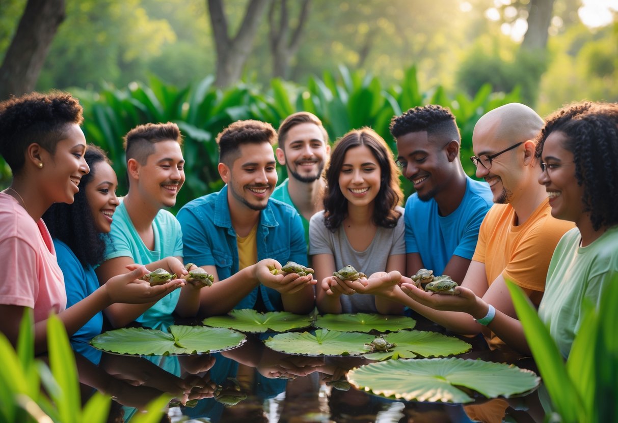 A group of non-binary people outdoors near a pond, smiling and gently holding or observing small frogs in a green natural setting.