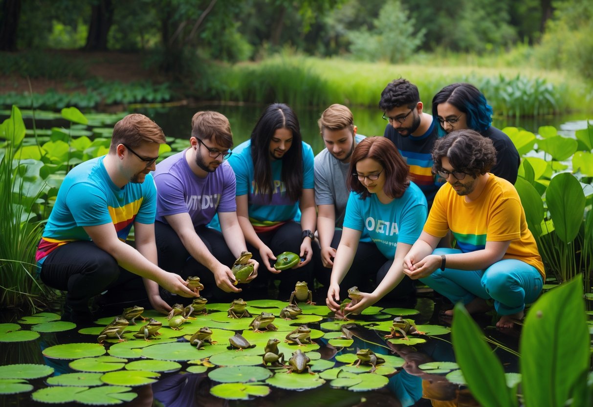A diverse group of non-binary people peacefully interacting with frogs near a pond surrounded by green plants.