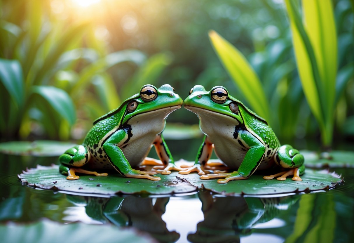 Two green frogs sitting closely together on a lily pad in a calm pond surrounded by green plants.